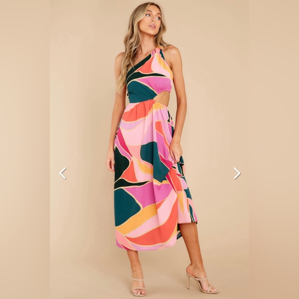 Red Dress Boutique Essential Piece Pink Multi Print Midi Dress One Shoulder